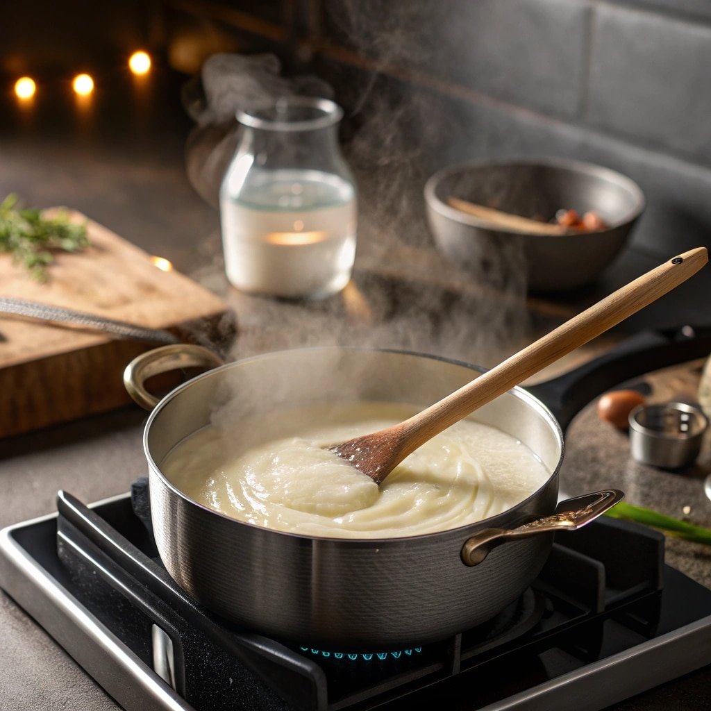 Stirring béchamel sauce on the stove