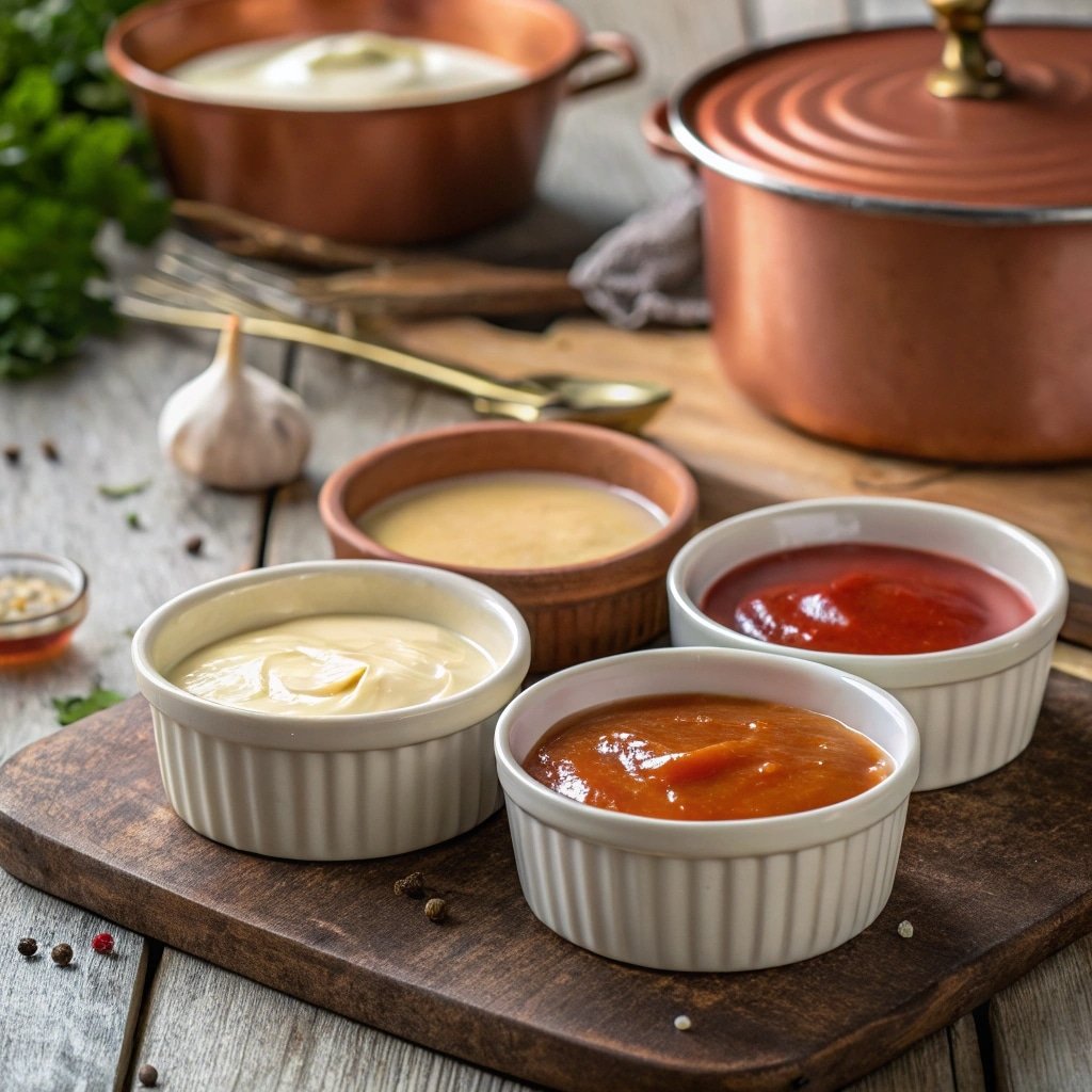 Five classic French sauces displayed in a rustic French kitchen