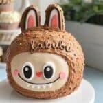 Labubu cake with tools and recipe layout
