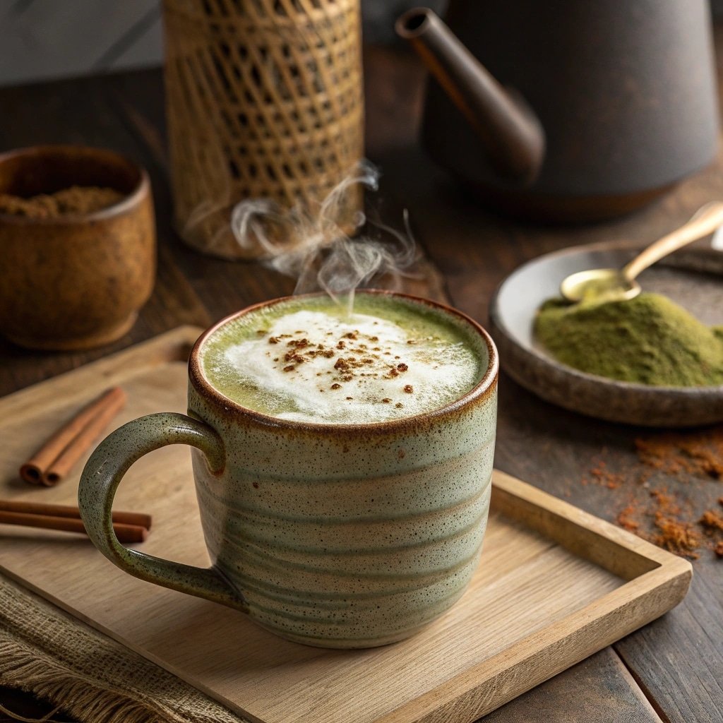 Creamy matcha green tea chai latte in a mug with cinnamon sprinkle