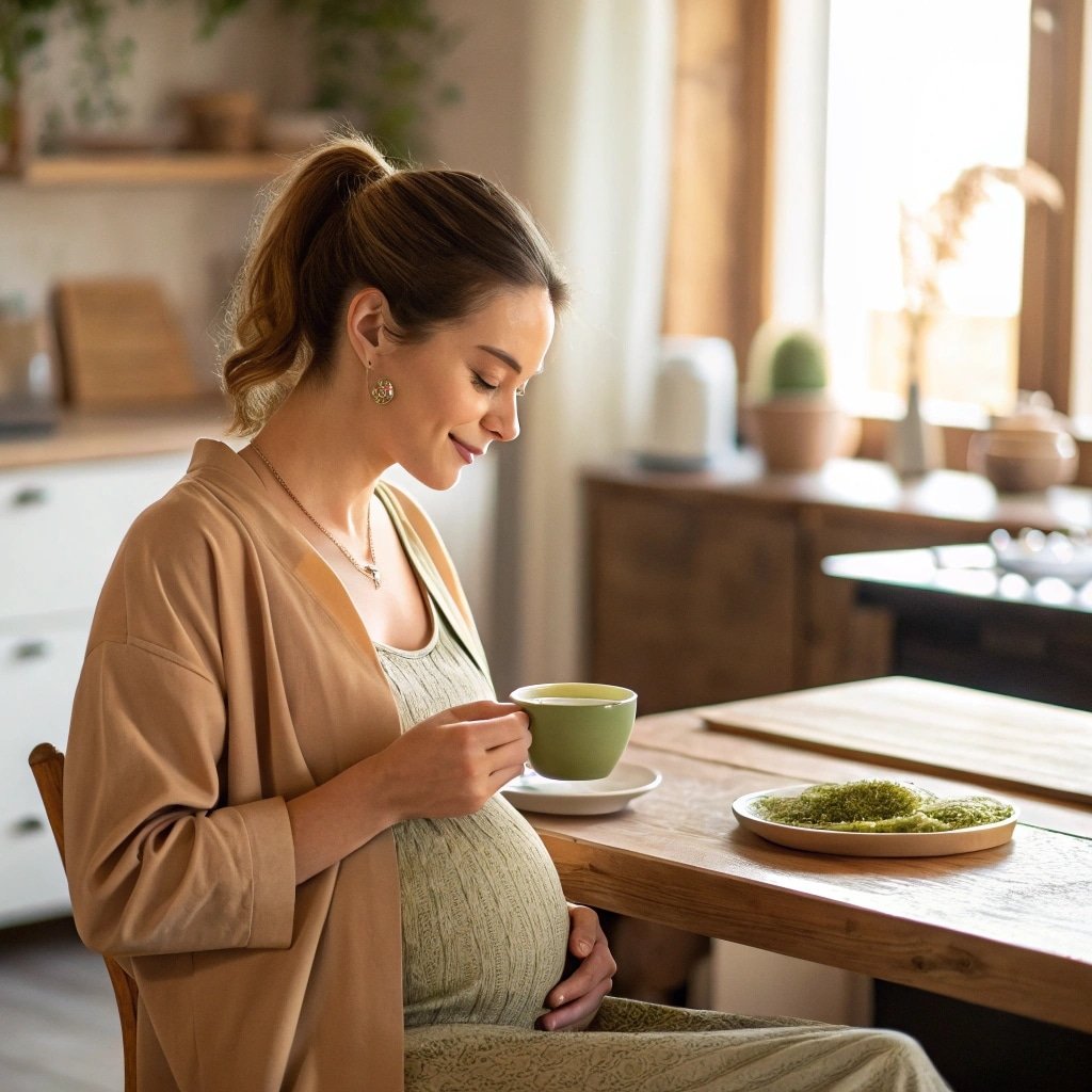 Pregnant woman enjoying matcha green tea