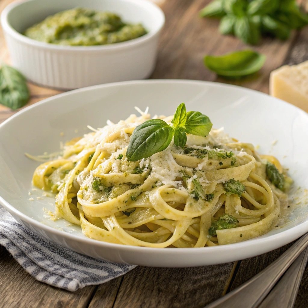 Pasta with creamy sauce Alfredo pesto and basil